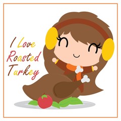 Cute girl loves roated turkey vector cartoon illustration for thanksgiving's day card design, wallpaper and greeting card 