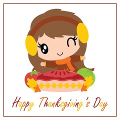 Cute girl want to eat apple pie cake vector cartoon illustration for thanksgiving's day card design, wallpaper and greeting card 