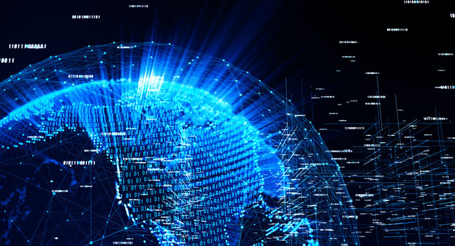 Global International Connectivity Background/Connection lines Around Earth Globe, Motion of binary code flow. Futuristic Technology Theme Background with Light Effect