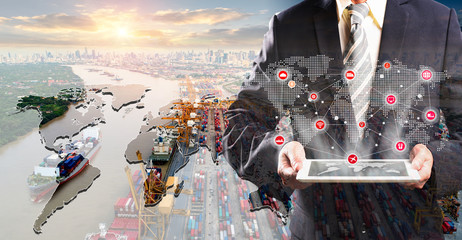 World map with logistic network distribution on background. Logistic and transport concept in front...