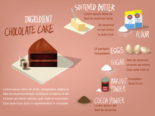 illustration vector of sweet colorful info-graphic beautiful design of chocolate cake ingredient recipe, Chocolate Cake dessert design concept