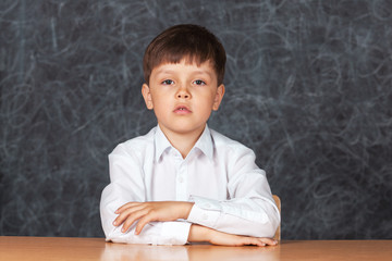 Portrait of serious happy little schoolchild on background of backboard in school