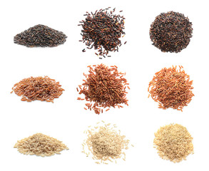 Different kinds of rice on white background