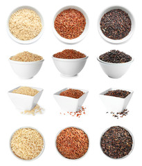 Bowls with different kinds of rice on white background