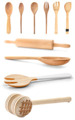 Wooden cooking utensils on white background