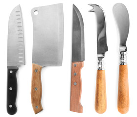 Different kinds of knives on white background