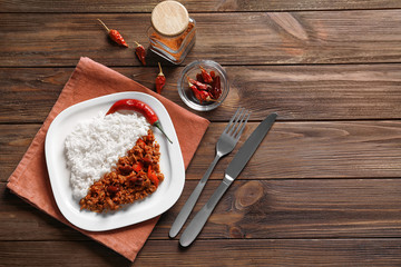 Chili Con Carne with rice on plate