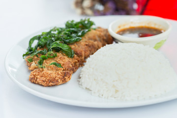 Thai food, Fried chicken with basil crispy and rice. Selective focus.