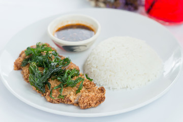 Thai food, Fried chicken with basil crispy and rice.