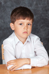 Portrait of serious happy little schoolchild on background of backboard in school