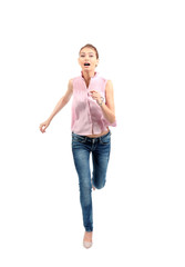 Fototapeta premium Young woman running on white background