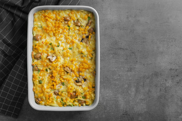 Tasty casserole with corn in baking dish