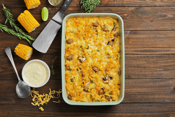 Tasty casserole with corn in baking dish