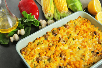 Tasty casserole with corn in baking dish
