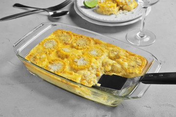 Tasty casserole with corn in baking dish