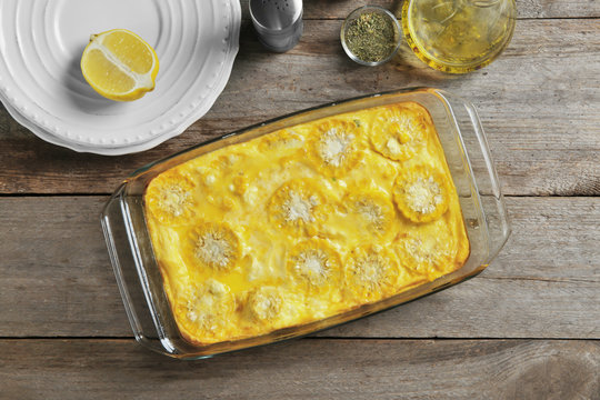 Tasty casserole with corn in baking dish