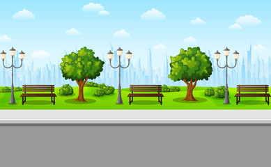 Green city park with benches, streetlights and trees