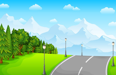 Green landscape with mountains and road