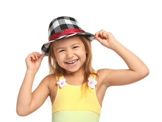Adorable little girl in plaid hat on white background