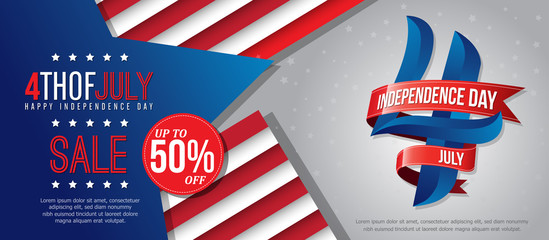 4th july happy independence day sale banner template design with red ribbons on white back ground