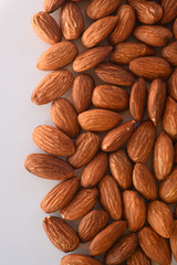 close up of almonds on white background