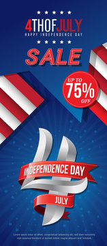 4th july happy independence day sale banner template design with red ribbons on blue back ground
