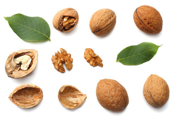 Walnuts isolated on a white background. top view