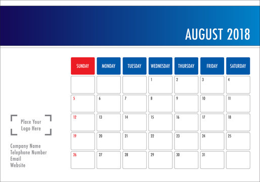 August 2018 desk calendar vector illustration