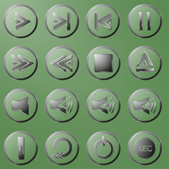 Set of the transparent buttons with adaptation to background. Green buttons. Control buttons. Control  set. Buttons. Volume buttons. Play buttons. Power buttons. Multimedia buttons. New buttons.