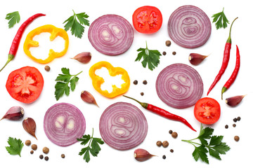 mix red onion, sweet bell pepper, red hot chili peppers with parsley and sliced tomato isolated on white background top view