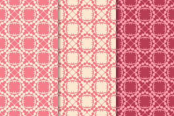 Set of floral ornaments. Cherry pink vertical seamless patterns