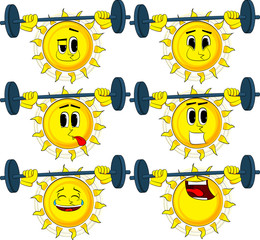 Cartoon weightlifter sun lifting barbell. Collection with happy faces. Expressions vector set.