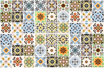 Colorful vintage ceramic tiles wall decoration.Turkish ceramic tiles wall background
