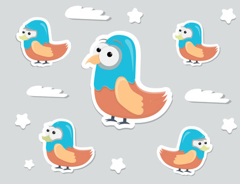 Funny cartoon character birds stickers, vector elements for game or print.
