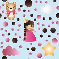 seamless pattern with cartoon cute toy baby girl and bear