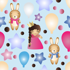 seamless pattern with cartoon cute toy baby girl and bear