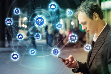 Wireless communication network concept. Internet of Things. Information Communication Technology.