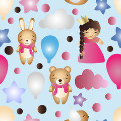 seamless pattern with cartoon cute toy baby girl and bear