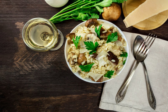Overhead photo of mushroom risotto with copyspace