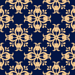 Golden floral seamless pattern on blue background