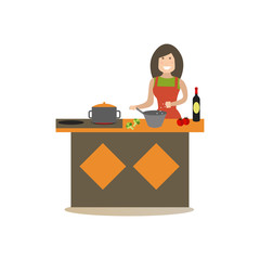 Mother cooking in kitchen vector illustration in flat style