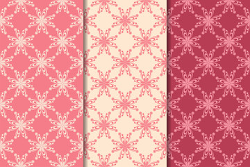 Set of red floral ornaments. Cherry pink vertical seamless patterns