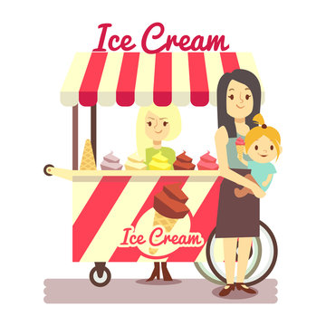 Young girl sells ice cream and mother with baby girl