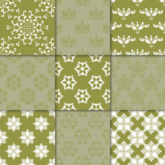 Olive green floral ornaments. Collection of seamless patterns