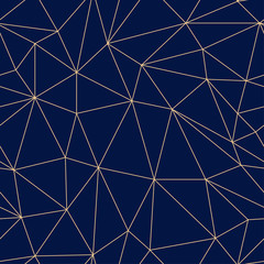 Geometric polygonal ornament. Golden blue seamless pattern