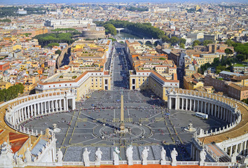 Panorama of saint Peter square  in  Vatican and aerial view of the city Rome , Italy