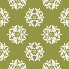 White floral seamless pattern on olive green background