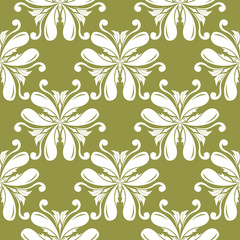 White floral seamless design on olive green background