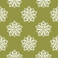 White floral seamless pattern on olive green background