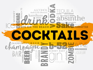 Different cocktails and ingredients, word cloud collage, design concept background